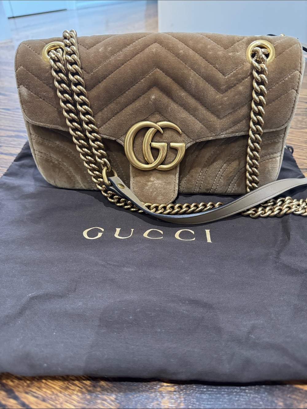 Gucci Taupe Velvet GG Marmont Shoulder Bag with Gold Hardware